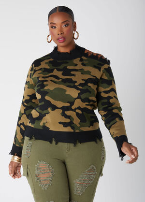 Distressed Cutout Camo Sweater, Olive image number 0