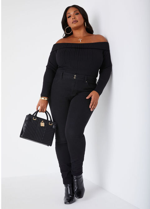 Off The Shoulder Ribbed Sweater, Black image number 2