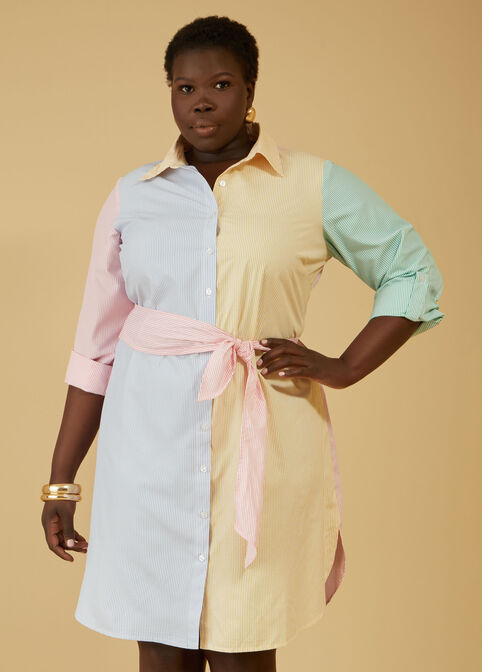 Belted Striped Poplin Shirtdress, Pink Peacock image number 0