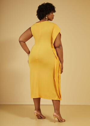 Ruched One Shoulder Midaxi Dress, Mustard image number 1