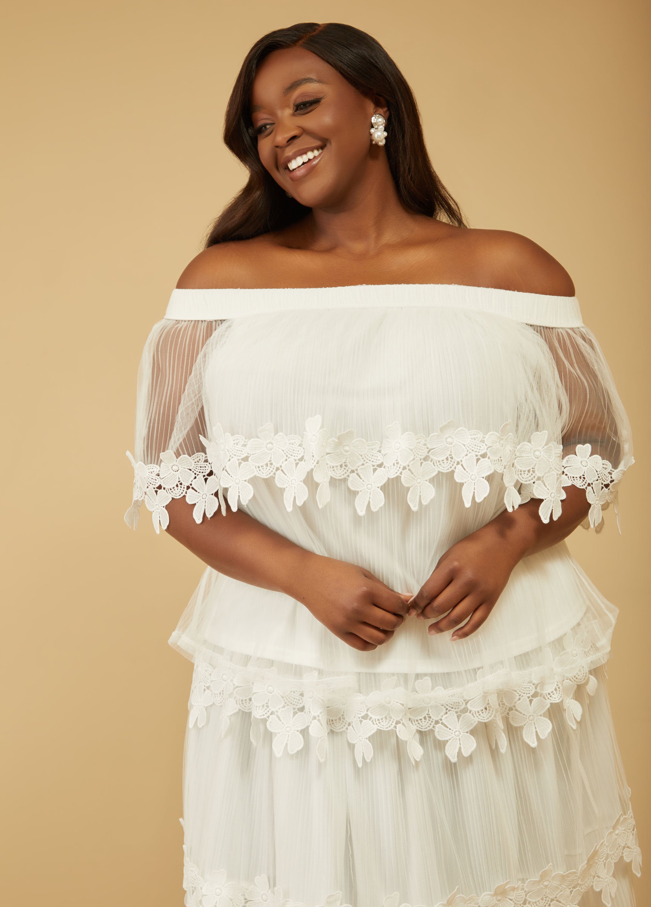 Off The Shoulder Appliqued Tulle Top