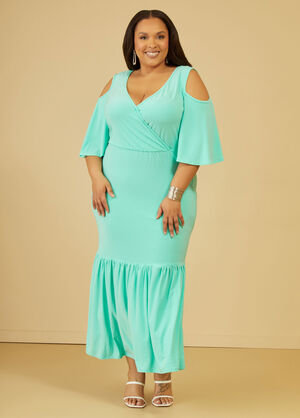 Cold Shoulder Flounced Maxi Dress, Turquoise Aqua image number 0