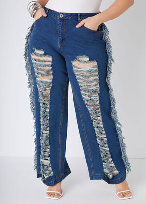 Fringed Distressed Wide Leg Jeans, Dk Rinse image number 0