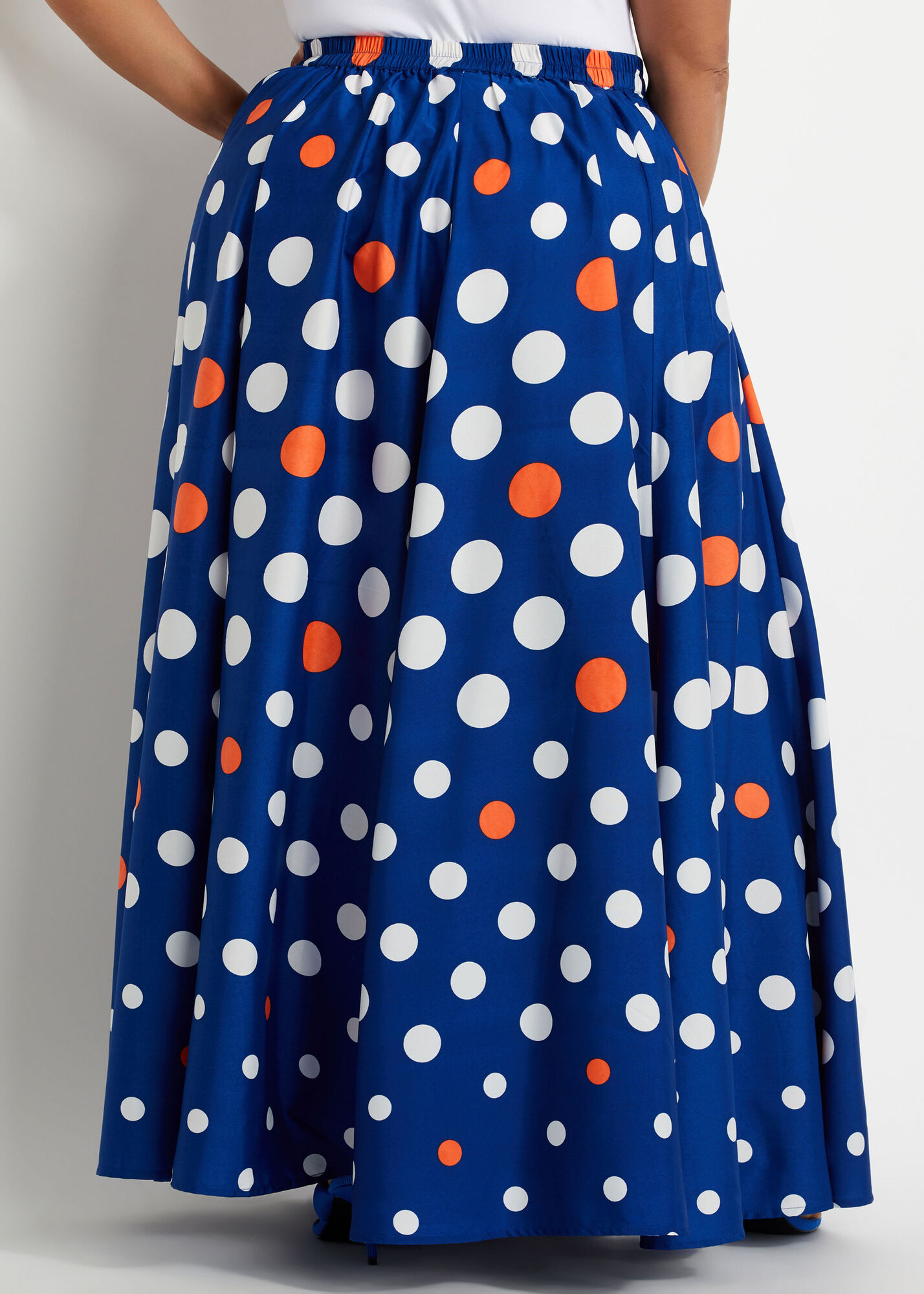 Plus Size Belted Polka Dot Print Flared Pull On High Waist Maxi Skirts 1373