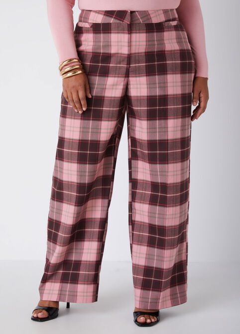 High Rise Plaid Wide Leg Pants, Blush image number 0