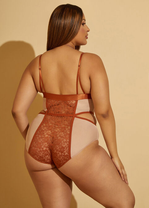 Cutout Lace And Mesh Bodysuit, Ginger Lily image number 1