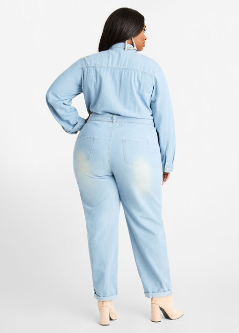 Distress Denim Boyfriend Jumpsuit, Denim image number 1