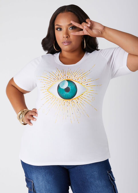 Eye Embellished Graphic Tee, White image number 3