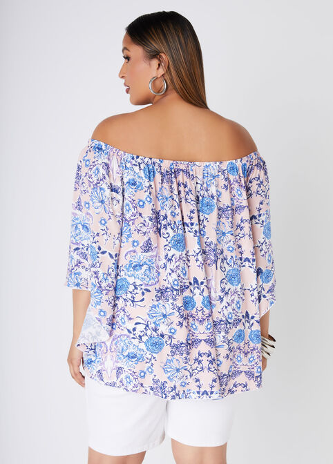 Printed Off The Shoulder Woven Top, Pink image number 1