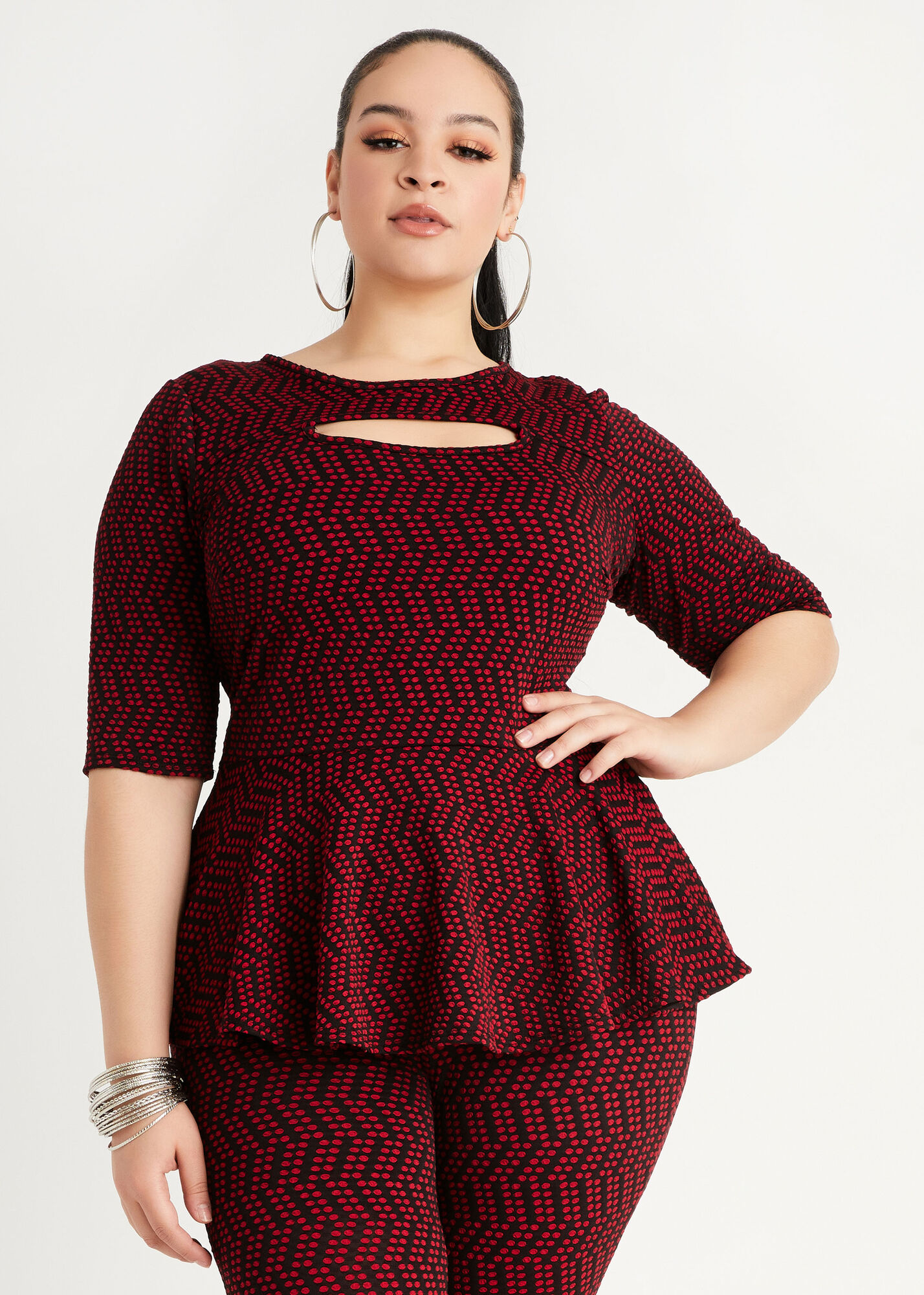 Plus Size Dot Cutout Peplum Knit Top High Waist Leggings Knit Set