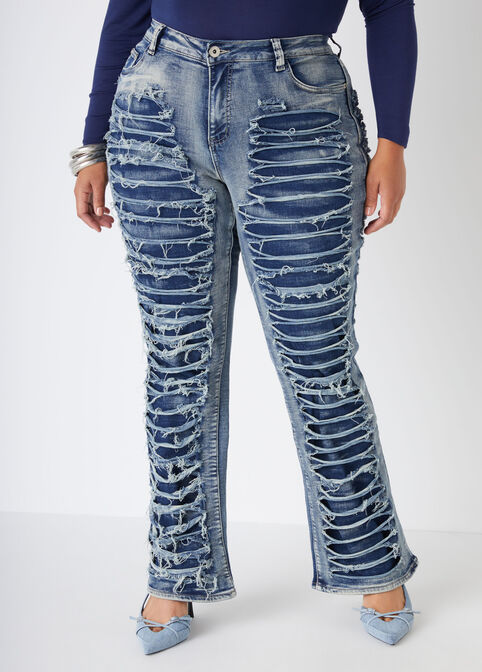 Layered Distressed Bootcut Jeans, Blue image number 3