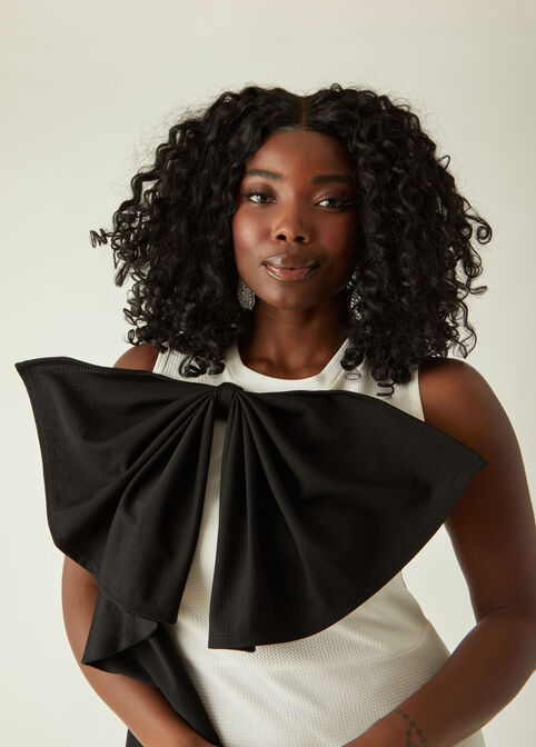 Bow Embellished Sheath Dress, White Black image number 2