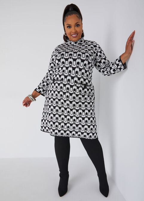 Swirl Sweater Shift Dress, Black Combo image number 0