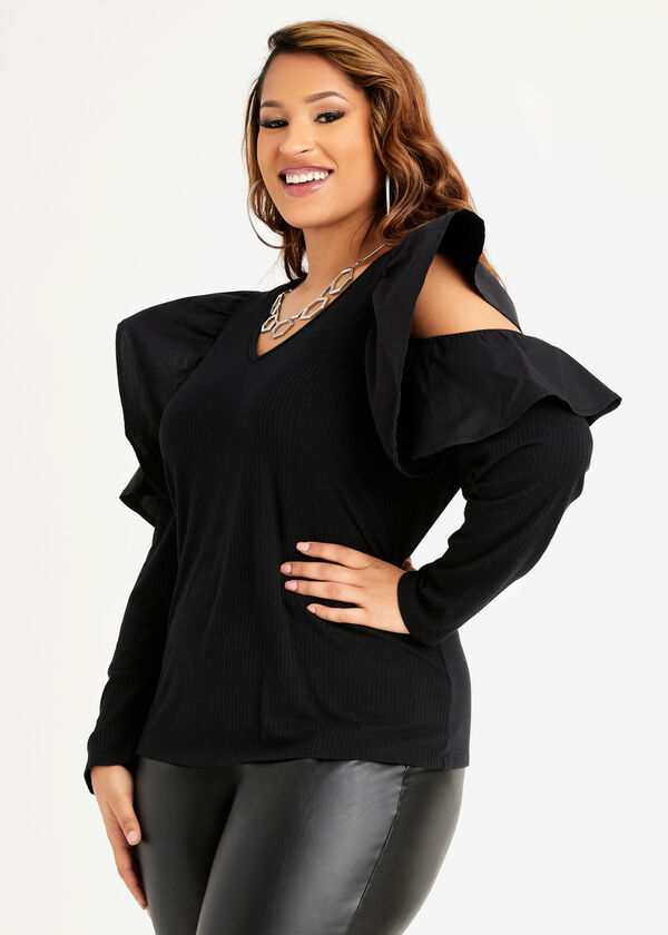 Plus Size Rib Knit Cold Shoulder Cute Ruffle Sexy Cutout Fitted Top