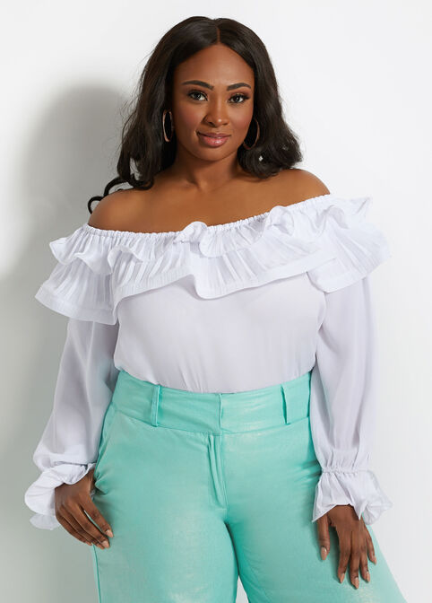 Pleat Ruffle Off-The-Shoulder Top, White image number 2