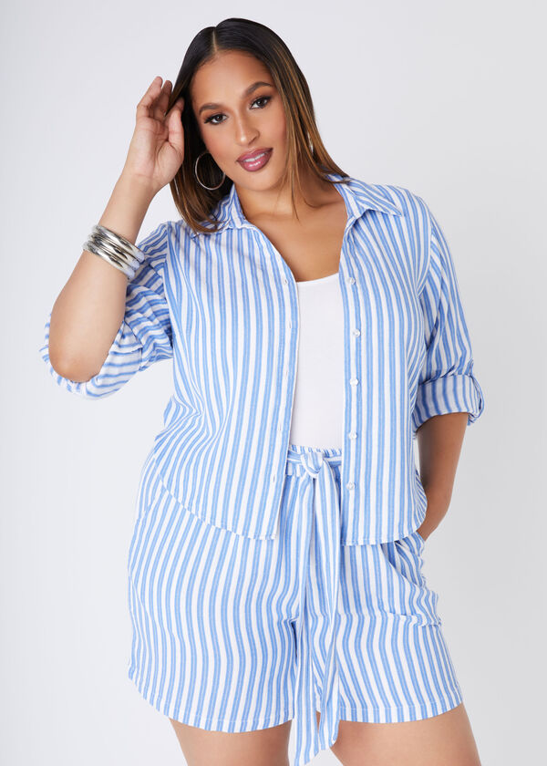 Cropped Striped Gauze Shirt, Blue image number 0