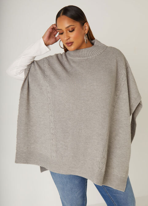 Ribbed Knit Mock Neck Cape, Heather Grey image number 2