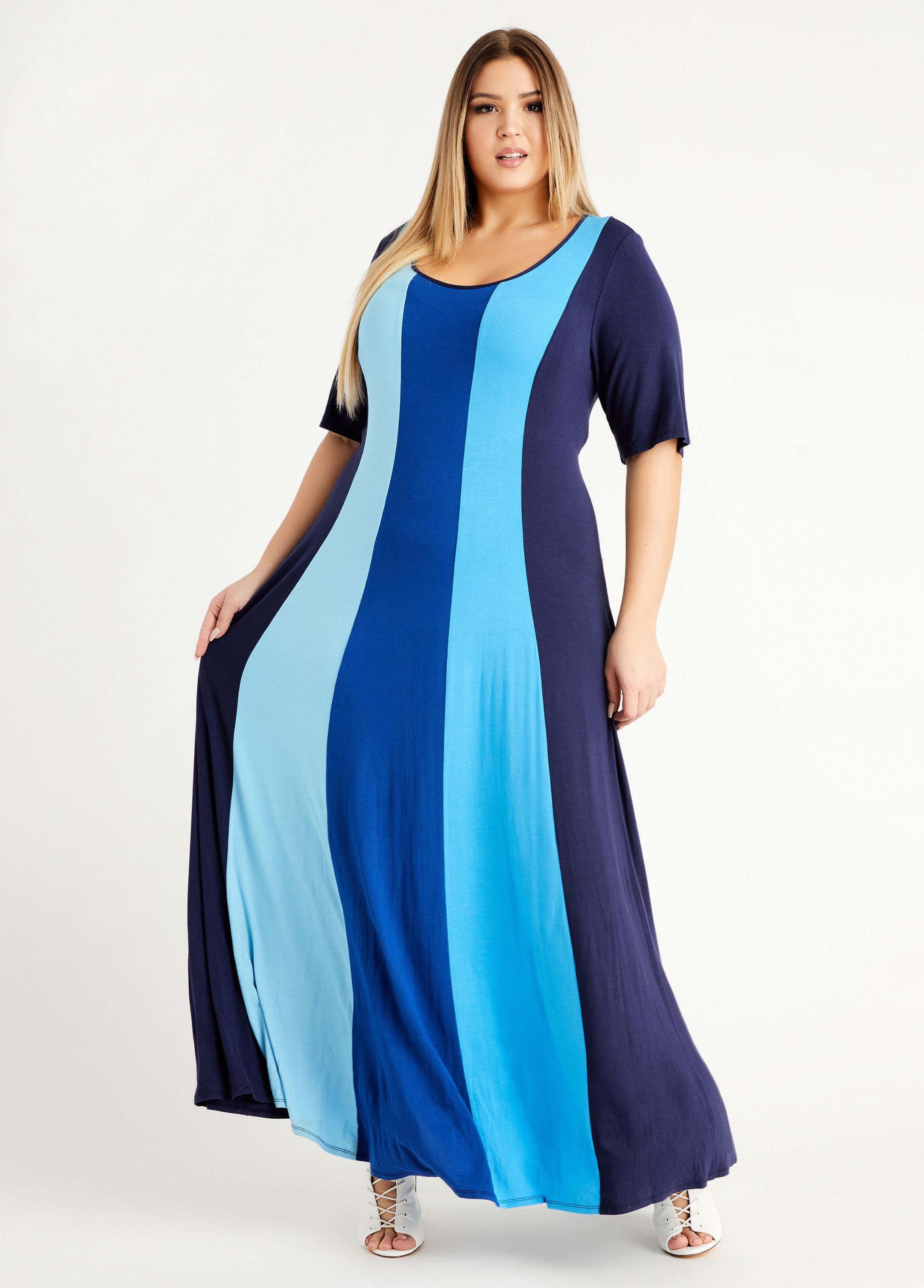 Plus Size Colorblock Stripe Stretch Knit Elbow Sleeve Maxi Dress