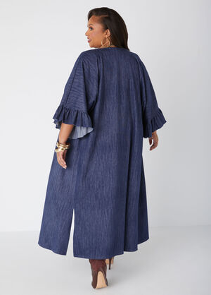 Textured Denim Ruffled Duster, Denim Blue image number 1