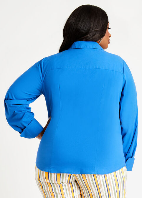 Cotton Split Collar Button Up Top, Victoria Blue image number 1