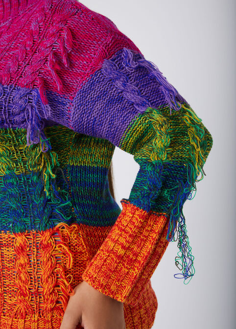 Fringed Rainbow Cable Knit Sweater, Multi image number 3