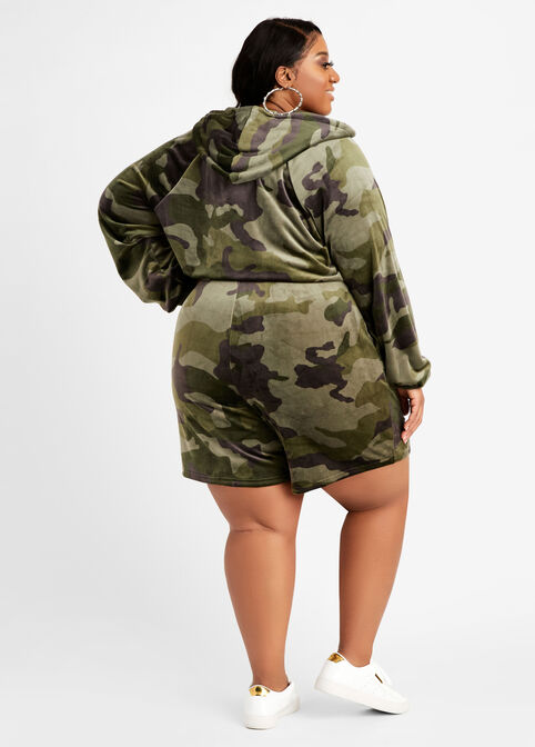 Camo Velour Hoodie Romper, Olive image number 1