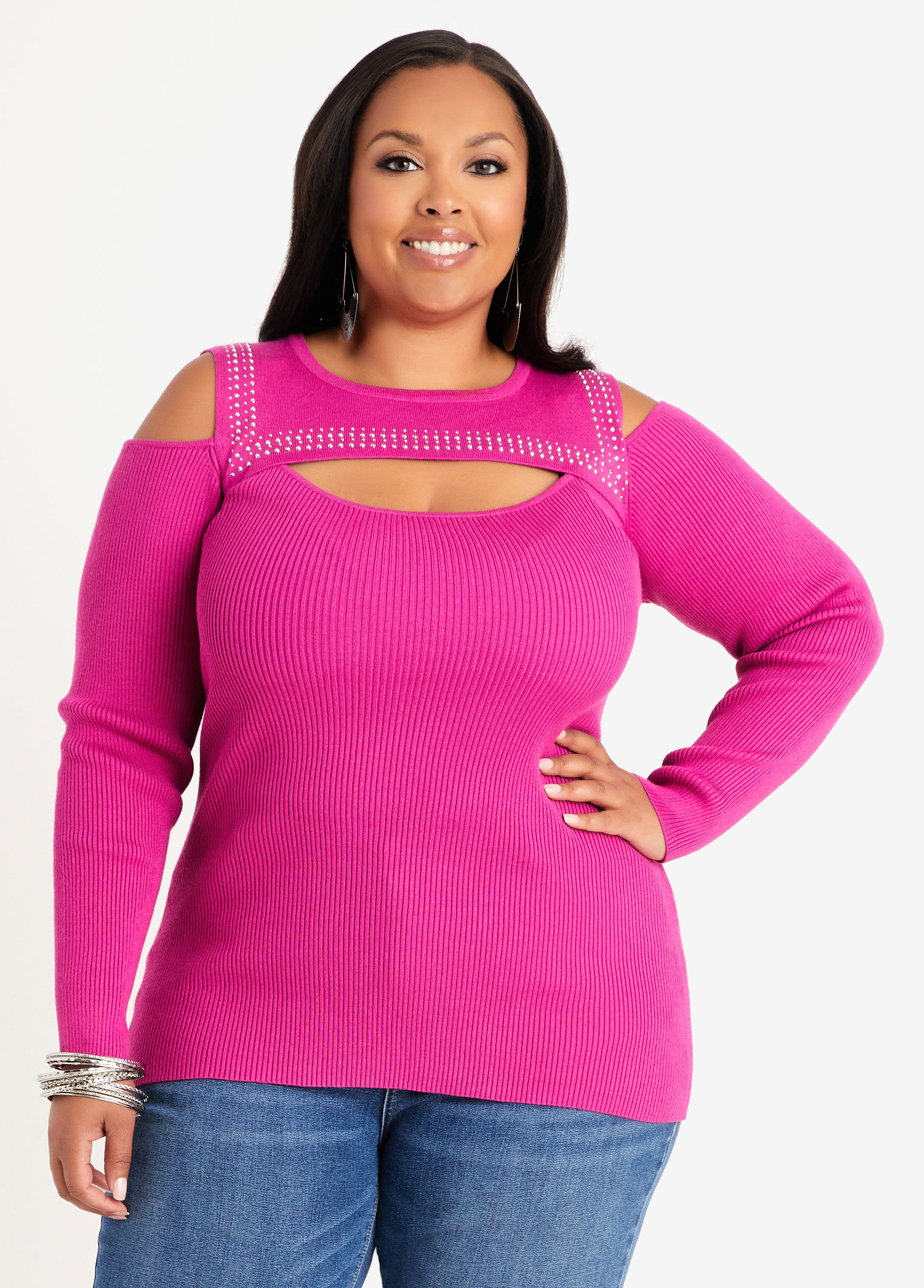 Plus Size Sweater Cutout Rhinestones Ribbed Knit Top