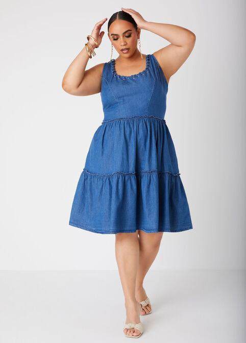 Lace Up Chambray Dress, Denim Blue image number 3