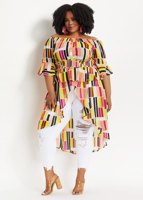 Plus Size Geo Off The Shoulder Hi Low Ruffled Duster Blouse Tops