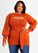 Belted Cutout Balloon Sleeve Sweater, Rooibos image number 0
