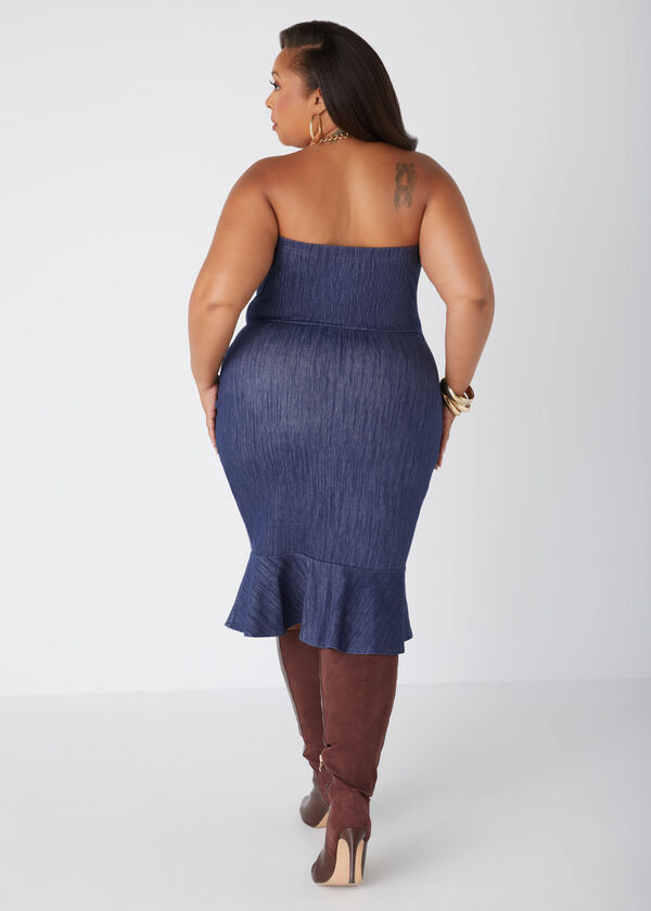 Strapless Textured Denim Dress, Denim Blue image number 1