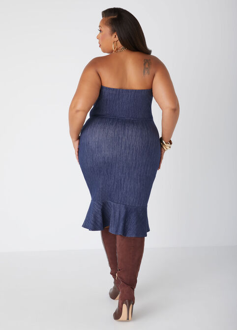 Strapless Textured Denim Dress, Denim Blue image number 1