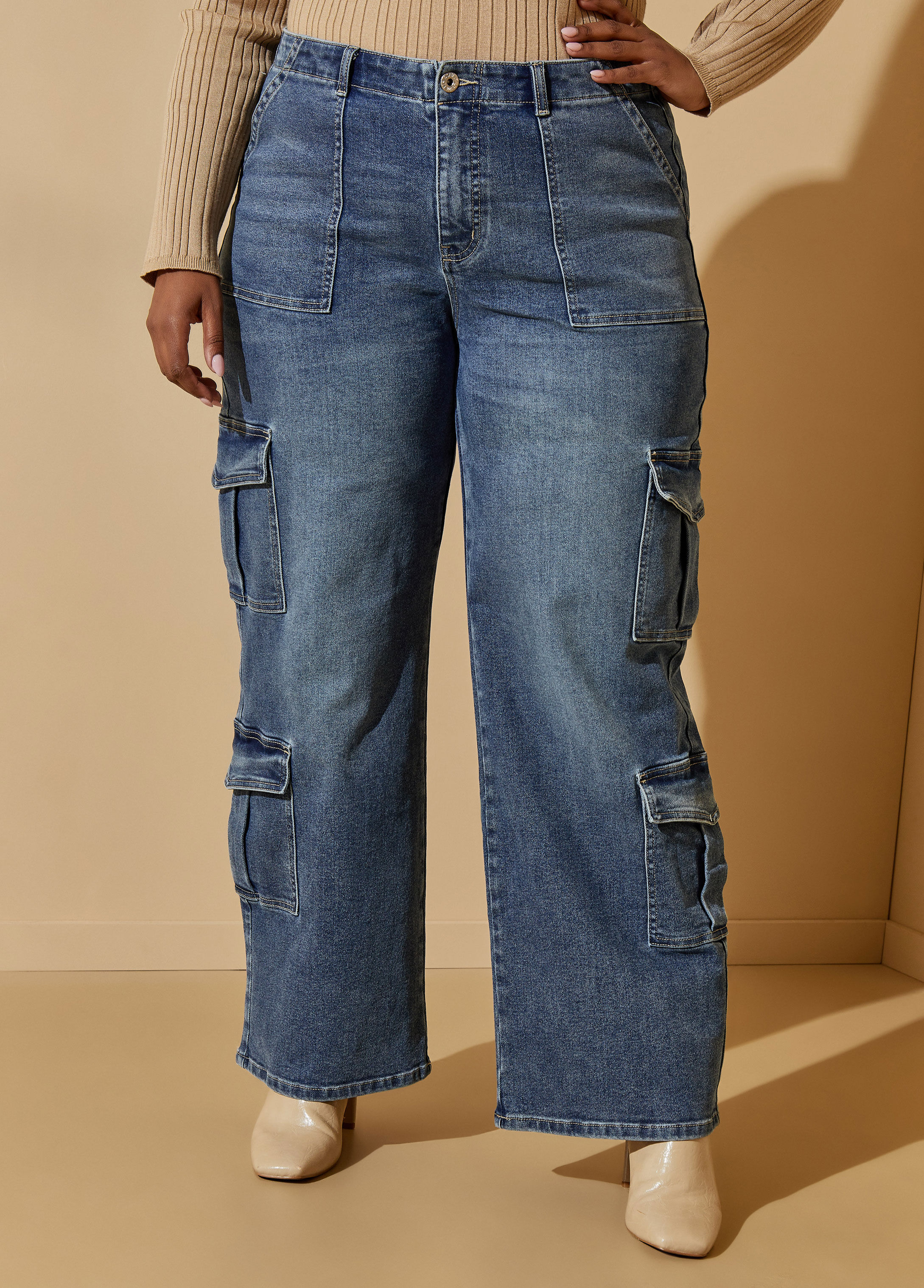 Plus Size Trendy Wide Leg Jeans High Rise Denim Cargo Jeans