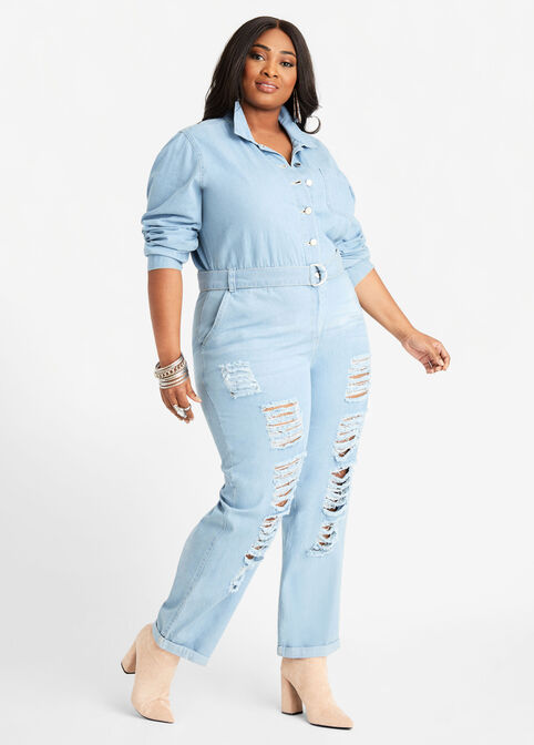 Distress Denim Boyfriend Jumpsuit, Denim image number 0