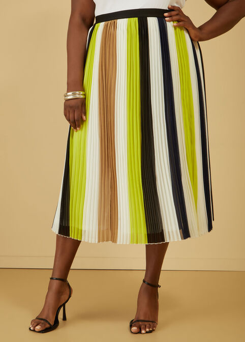 Pleated Striped Midi Skirt, White image number 2