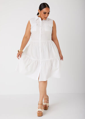 Flounced Cotton Shirtdress, White image number 0