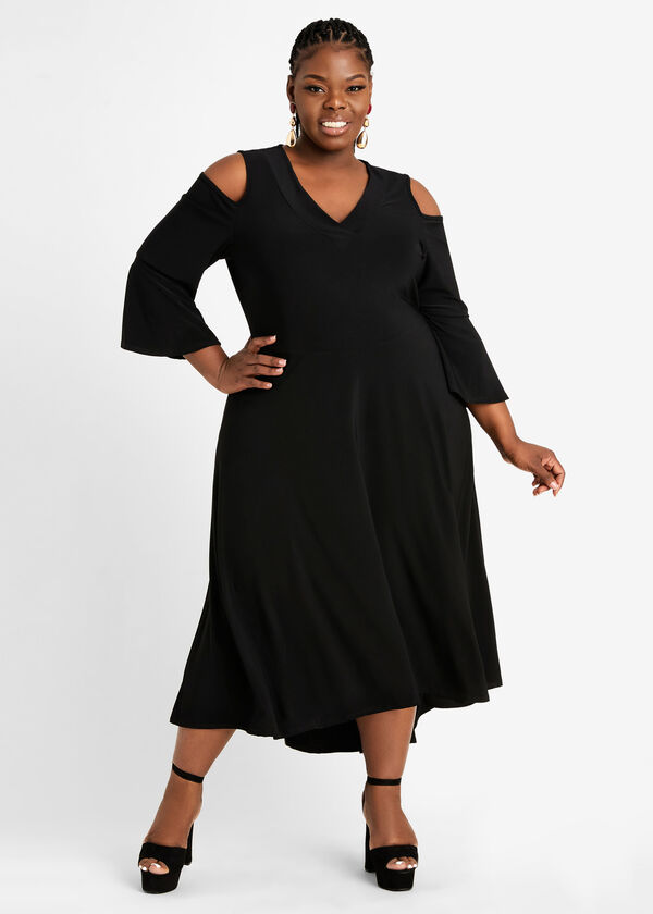 Plus Size Cold Shoulder Knit Bell Sleeves Ruffle Hi Low Party Dress