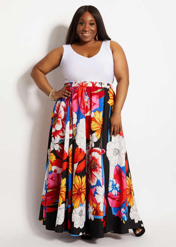 Plus Size Brush Stroke Floral Print High Rise Elastic Waist Maxi Skirt