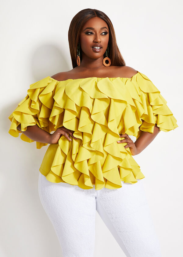 Plus Size Tier Ruffle Scallop Off-The-Shoulder Knit Party Top