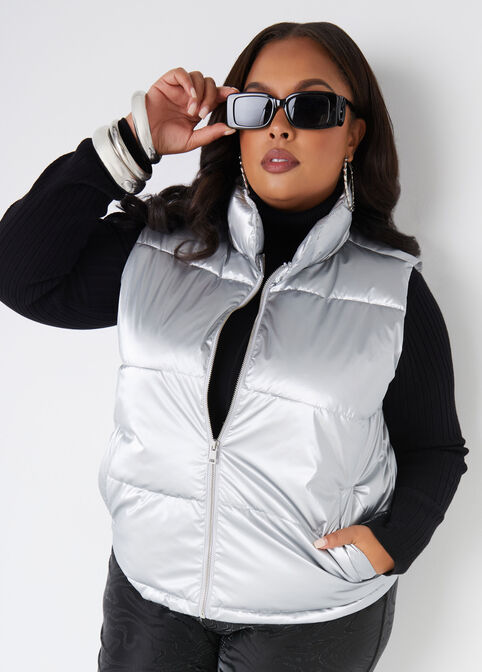 Metallic Puffer Vest, Silver image number 0