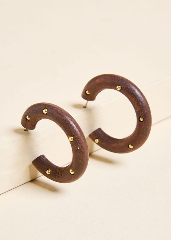Studded Wood Hoop Earrings, Brown image number 1
