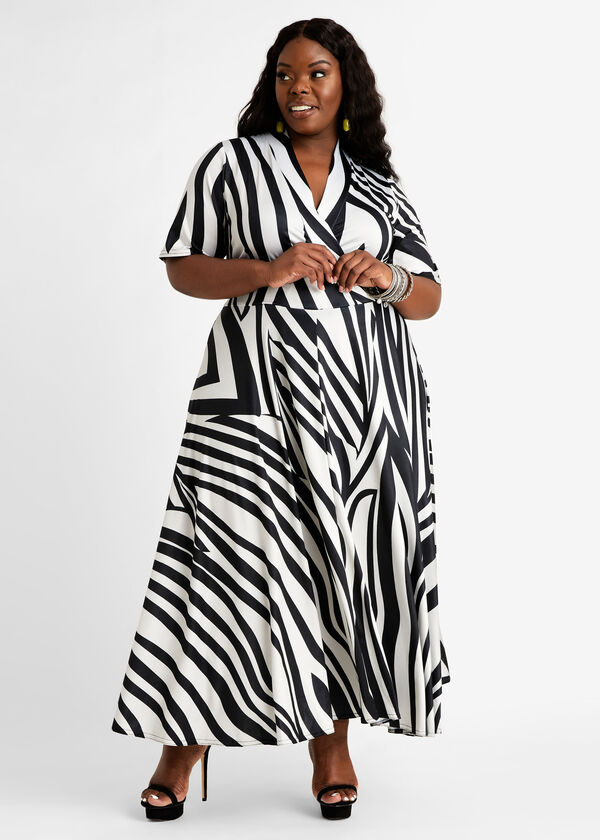 Plus Size Colorblock Abstract Flared Wrap Knit Maxi Party Dress