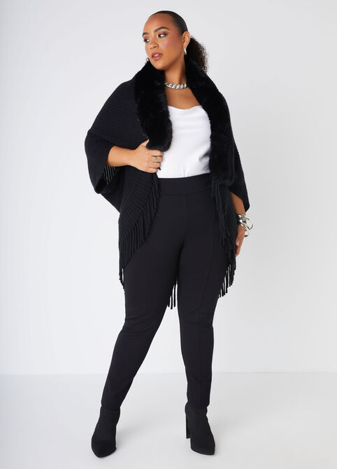 Fringed And Faux Fur Trimmed Ruana, Black image number 0