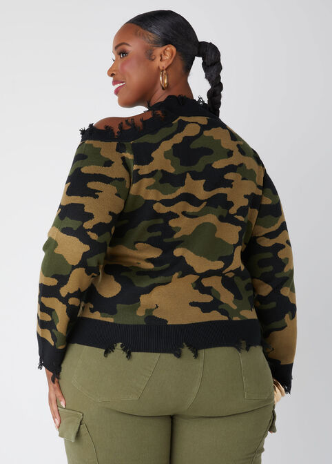 Distressed Cutout Camo Sweater, Olive image number 1