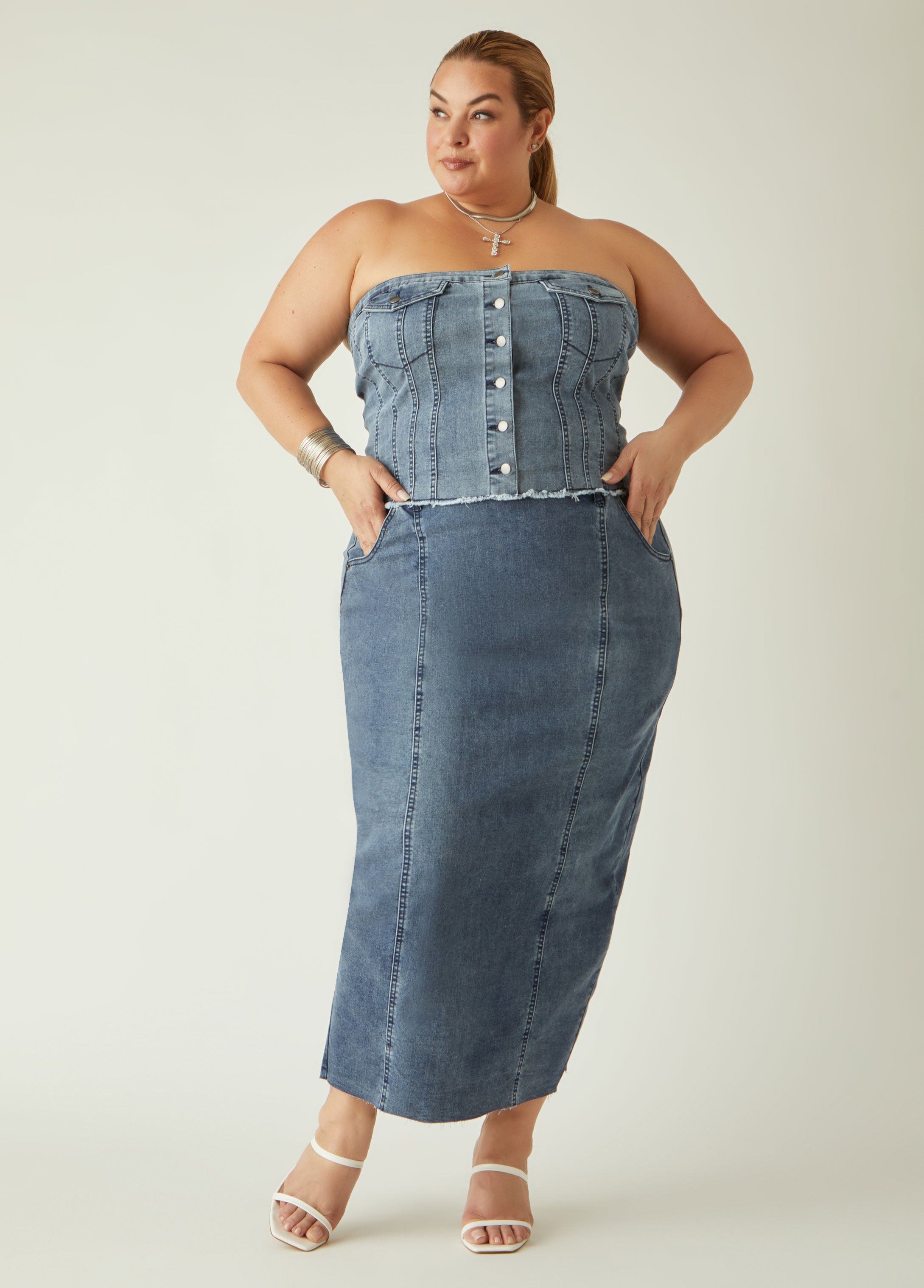 Plus Size seam detailed maxi denim skirt sexy jean skirt set