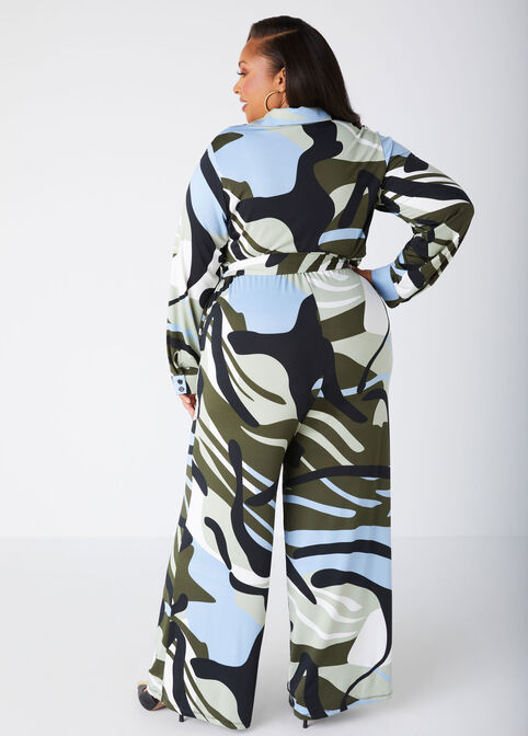 Belted Swirl Print Jumpsuit, SWAMP image number 1