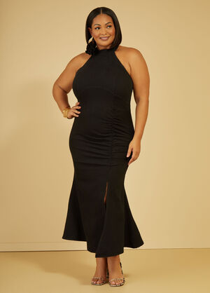 Rosette Denim Halter Dress, Black image number 0