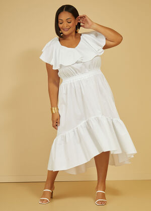 Ruffled Cotton Blend Midi Dress, White image number 0
