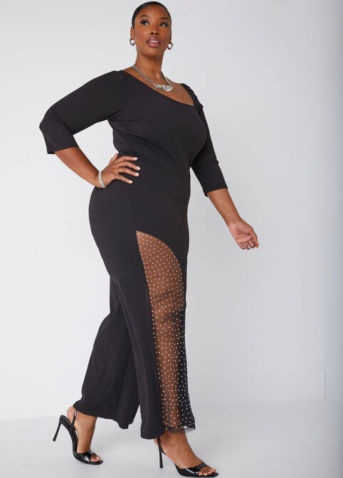 Embellished Mesh Paneled Jumpsuit, Black image number 2