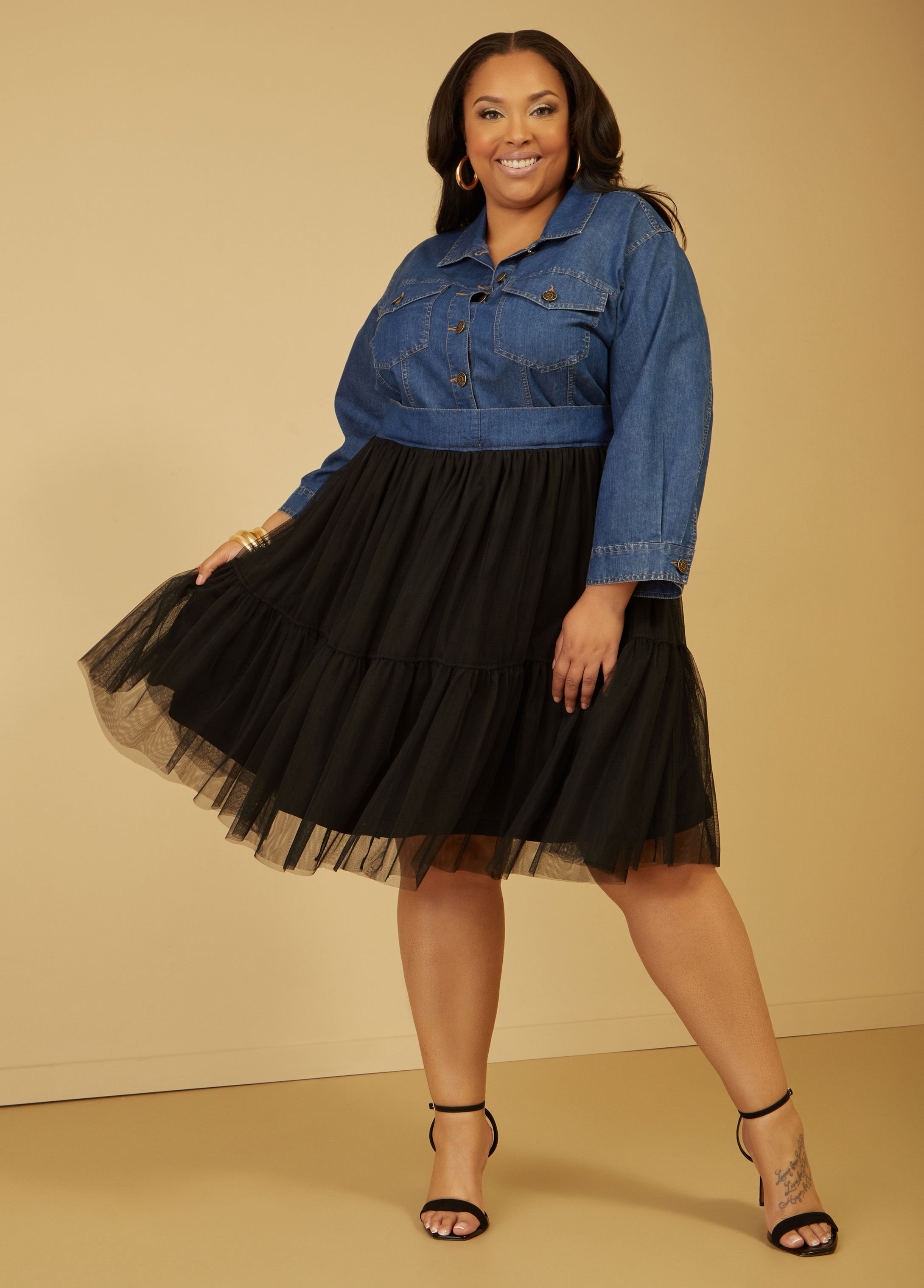 Tulle And Chambray Shirtdress